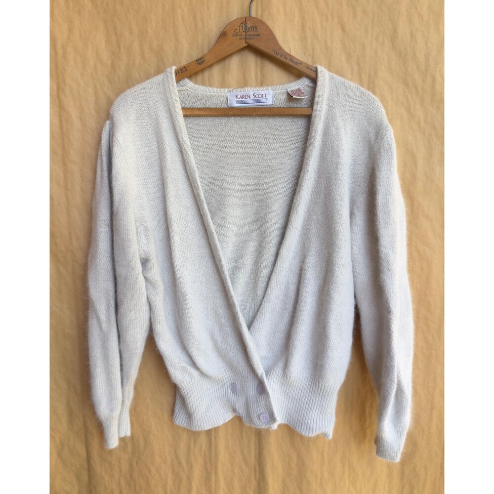 Vintage 80s Karen Scott White Knit Wrap Cardigan | Angora Silk Blend Size Medium